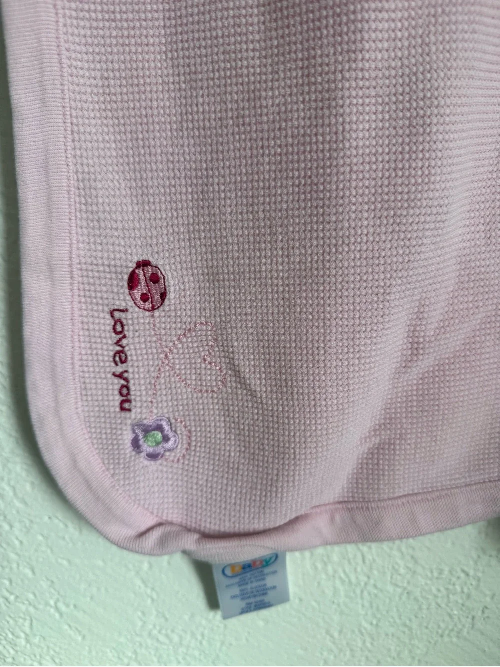 Baby Connection Pink Waffle Weave Baby Blanket Ladybug Flower Love You Cotton